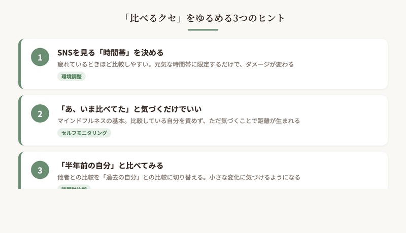 「比べるクセ」をゆるめる3つのヒント まとめ図解