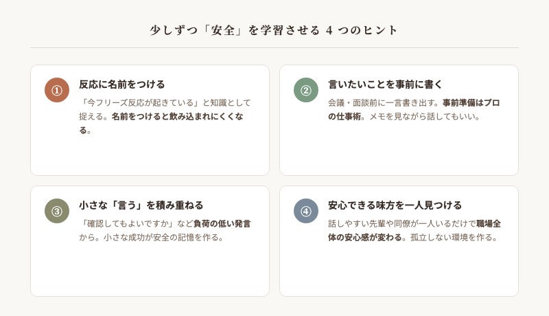 上司が怖くて意見が言えないときに少しずつ安全を学習させる4つのヒントまとめ図解