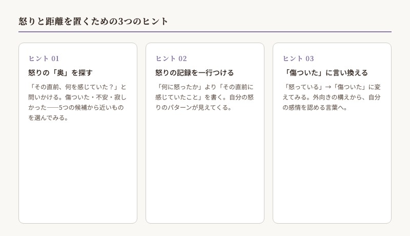 怒りと距離を置くための3つのヒント まとめ図解