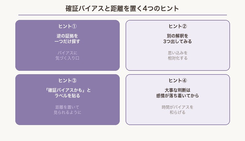 確証バイアスと距離を置く4つのヒントまとめ図解